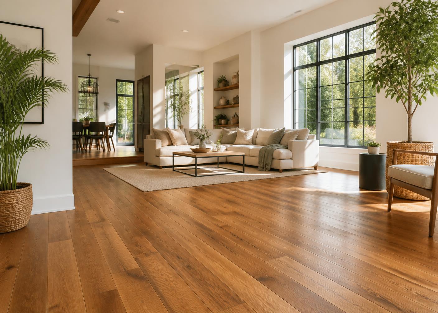 Beautiful living room with premium hardwood flooring installed by Mint Hill Carpets
